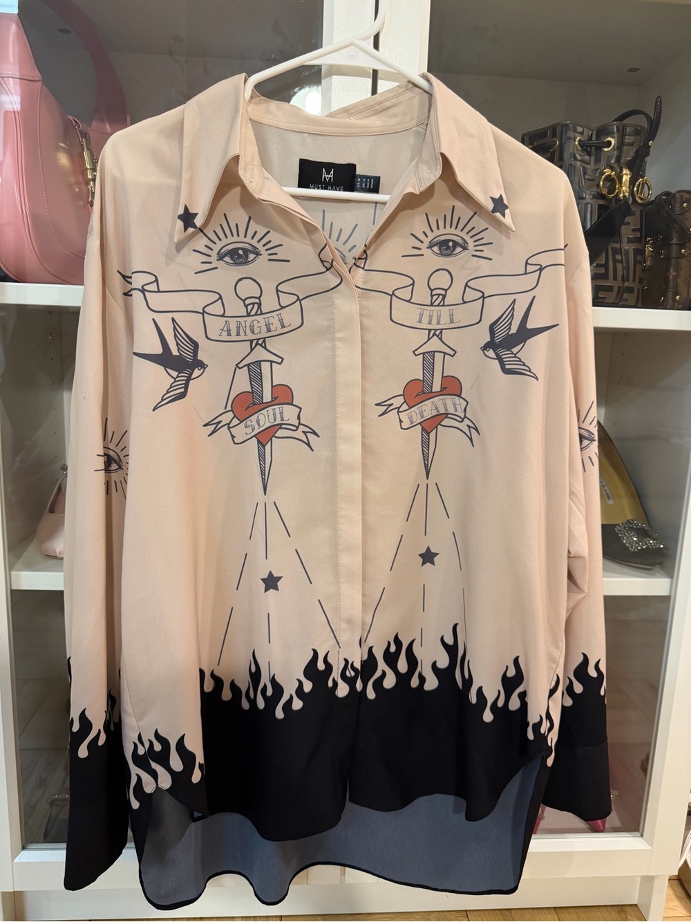 Must Have Blush Button-Up Shirt with Black Flame & Dagger Graphics